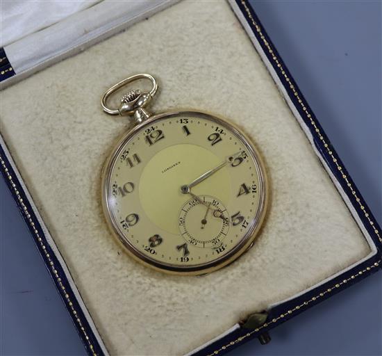 A Longines 14ct gold dress pocket watch with Arabic two-tone dial.